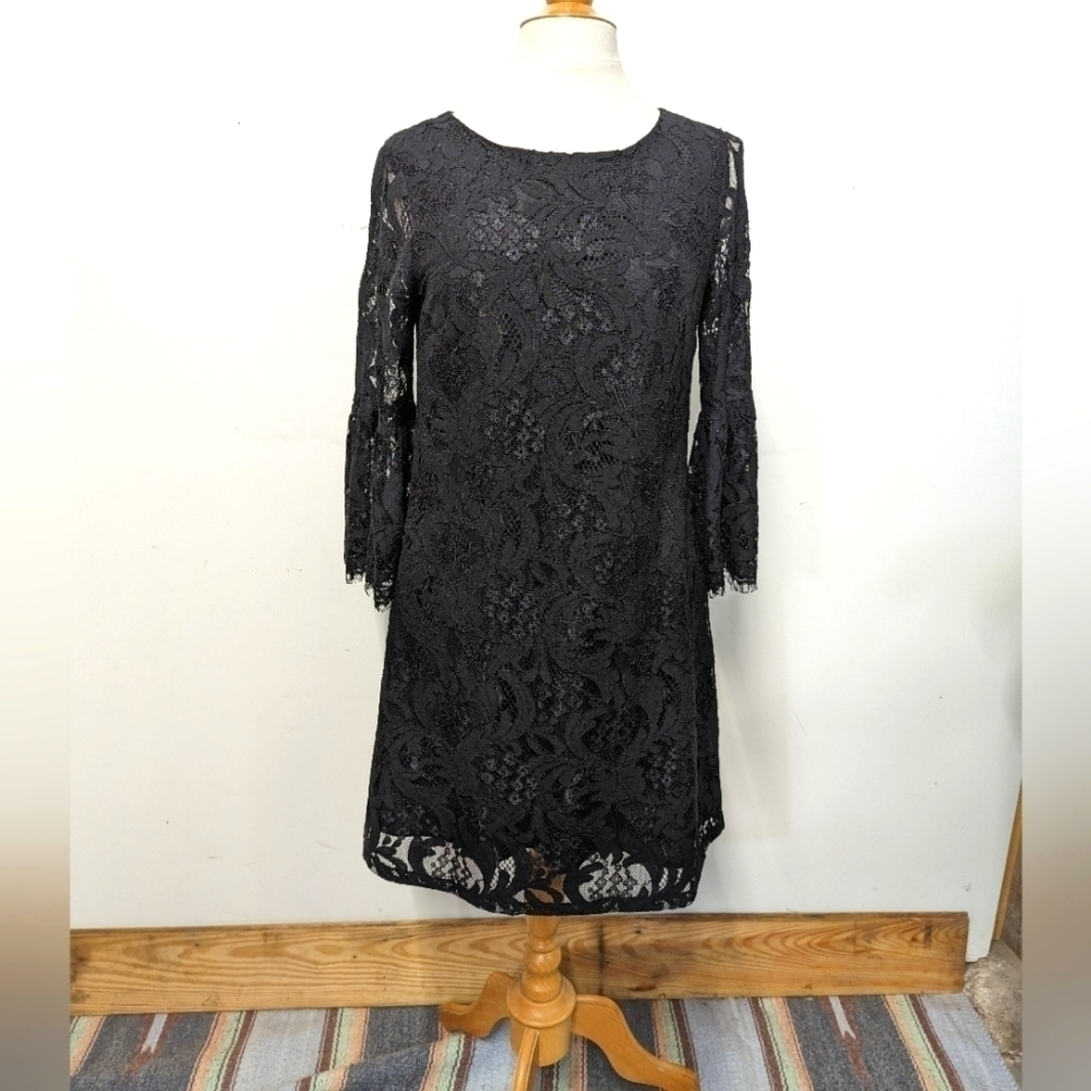 CECE Black Lace Trumpet Sleeve Shift Midi Dress 4